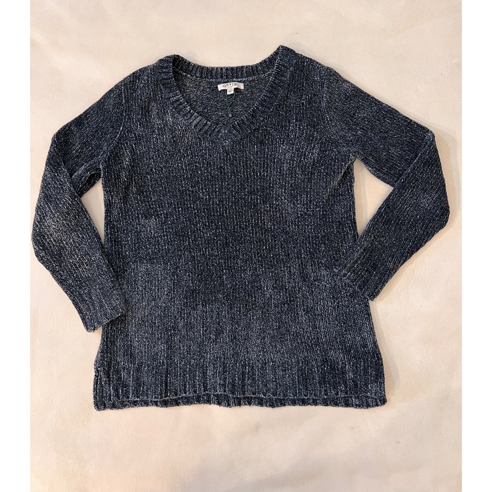 Orvis Classic Collection V-Neck Chenille Sweater L/G Blue Marled Pullover NWOT